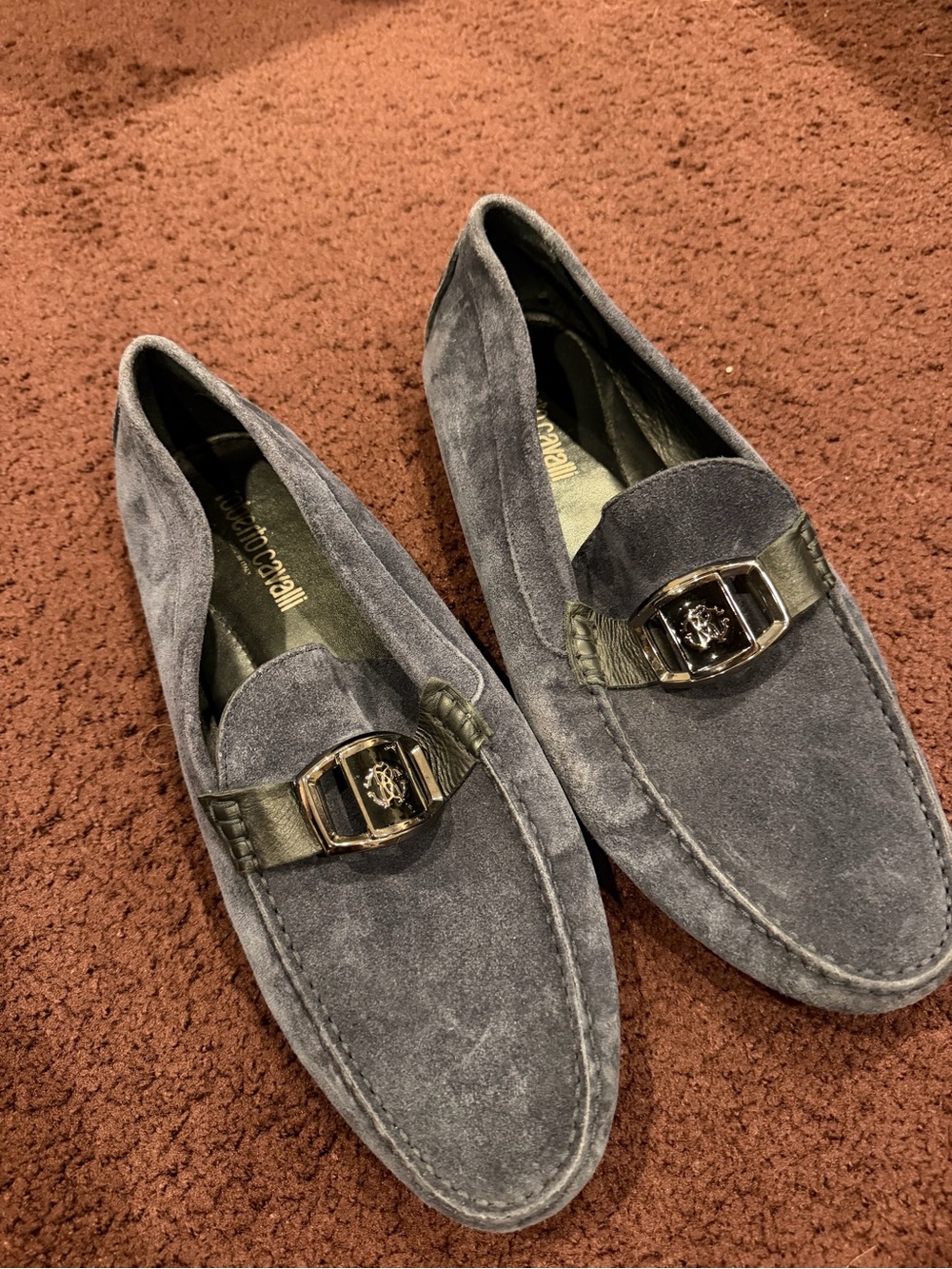 Roberto Cavalli Gray Suede Slip-On Loafers with Metal Emblem size 44 retail 700$